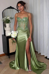 Sage Green Sequined Prom Dress Appliqued Mermaid